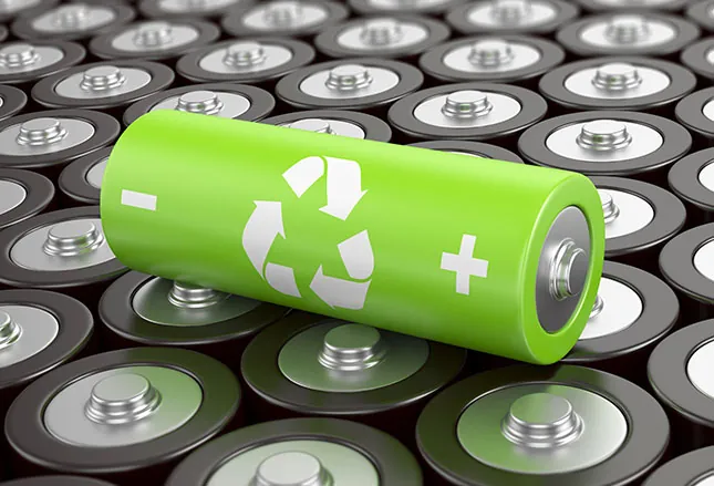 A green lithium battery cell on a bed of cells